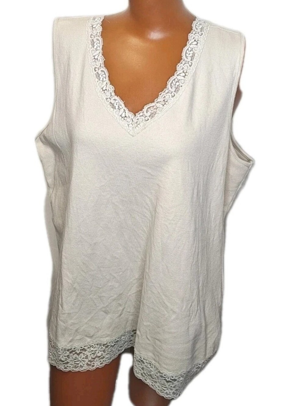 Y2K Bella Swan Lace Trim Tank Top Plus Sand Beige Lace Trim Rib Knit 2X